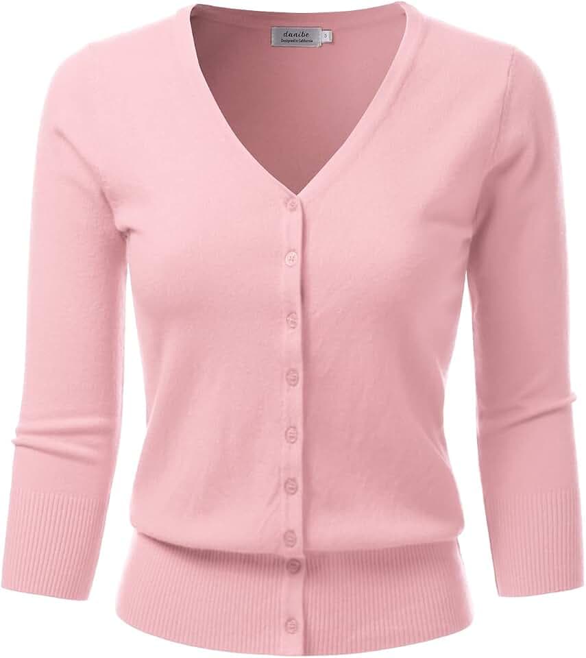 Women's 3/4 Sleeve V-Neck Button Down Knit Sweater Soft Cardigan (S-XXL)