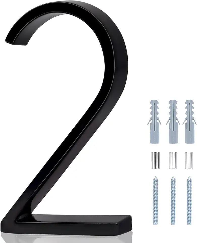 6 in House Number Sign, Metal Modern House Numbers, Black House Numbers for Outside with Screws, High Gloss Black Number 2