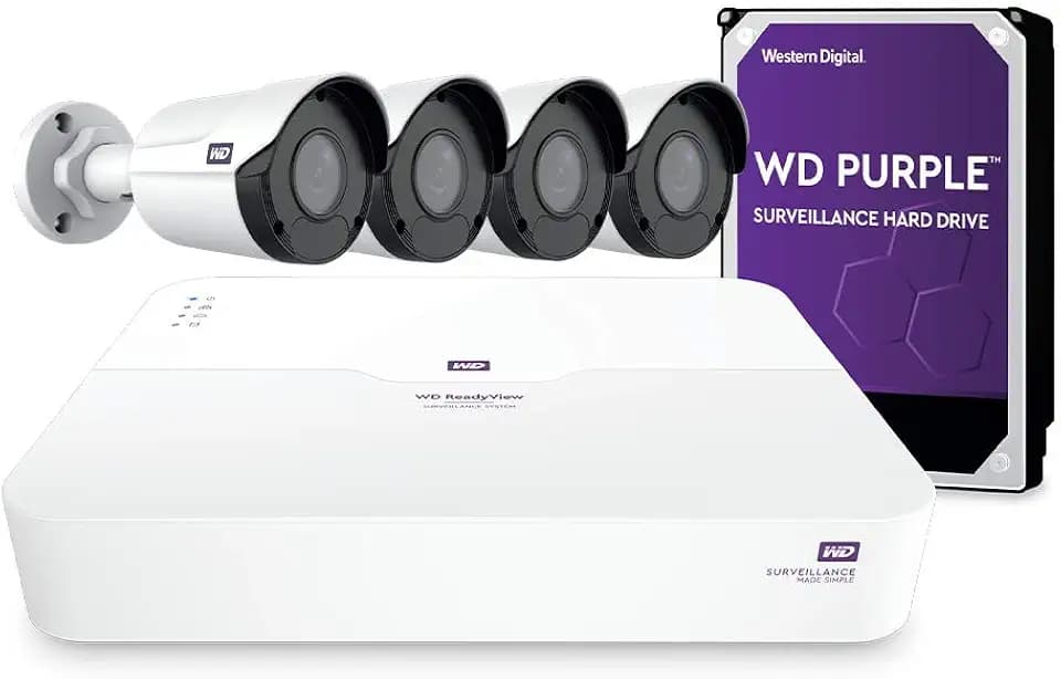 WD ReadyView 4K Surveillance System - 8MP UHD, 6TB WD Purple HDD, PoE, NVR, IP67-rated, 4 Cameras, Motion Detection, Night Vision - WDBAEM0060HWT-HESN