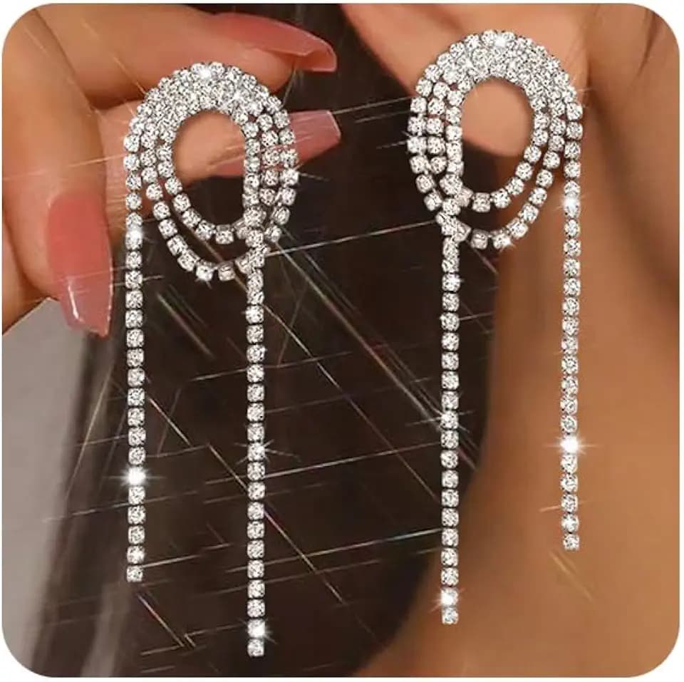 Statement Earrings for Women,Sparkly Long Dangle Earrings,Rhinestone Chandelier Drop Earrings,Wedding Bridal Party Formal Jewelry,Silver Spiral Loop Crystal Earring (Silver-Spiral Loop Earrings)