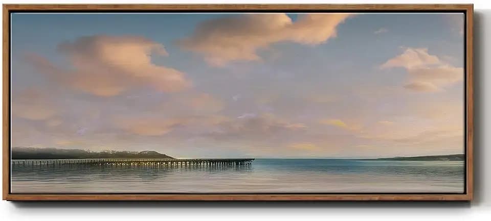 Renditions Gallery Abstract Nature Paintings for Home Calm Water with Pier & Soft Clouds Floater Frame Artwork Prints for School Restaurant Office - 20"x50" Walnut Frame LT612