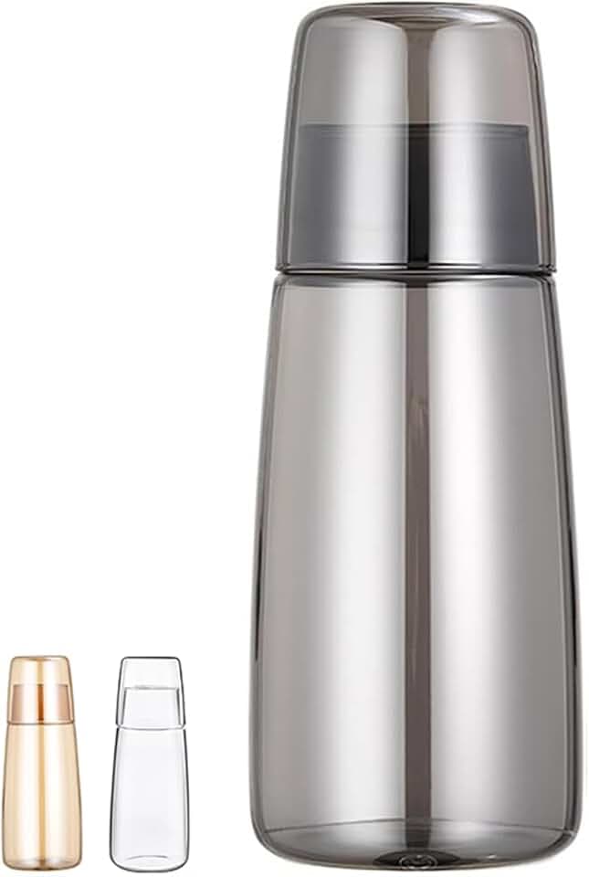 Nachttisch Wasserkaraffe Set mit Becher Glas Nachttasse Set, Mundwasser Flasche Karaffe mit Becher Deckel für Schlafzimmer Nachttisch Bad Küche 25oz/750ml (Grau)