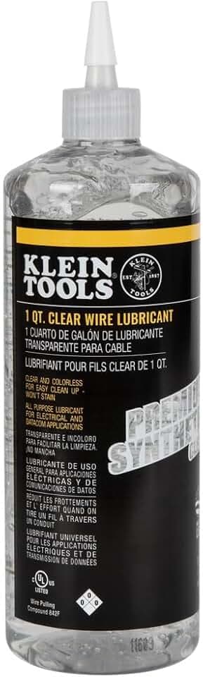 Klein Tools 51028 Clear Lubricant, Made in USA, Premium Synthetic Clear Electrical Cable Lubricant, 1-Quart Squeeze Bottle