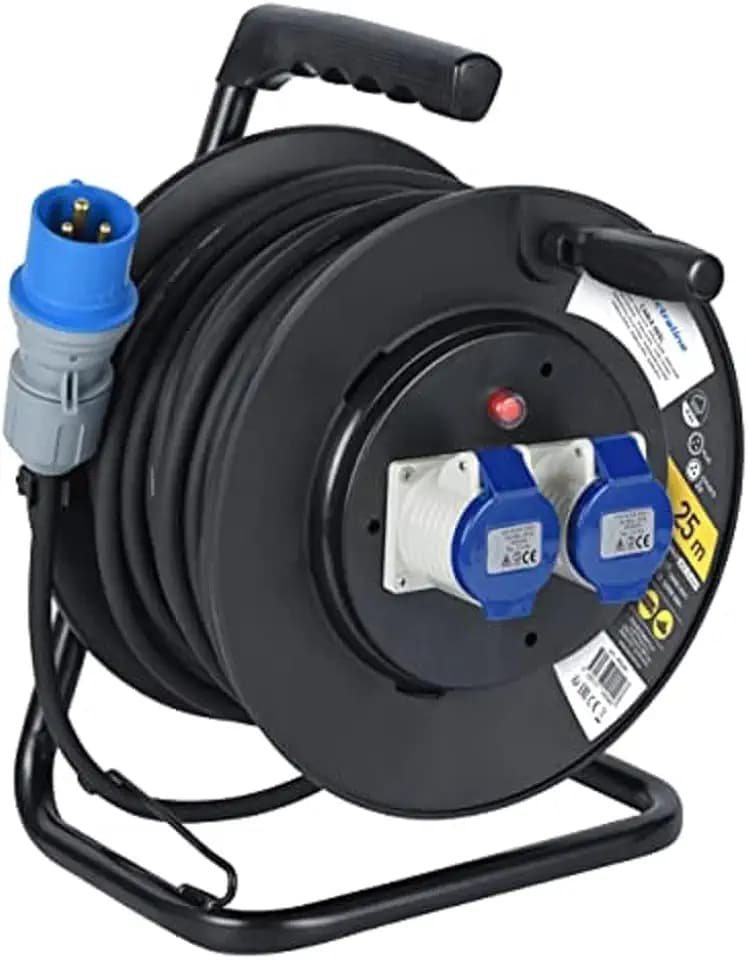 Electraline 49049 Kabeltrommel Industriel H07 RN-F 3G2,5 25 m Kabel - IP44 outdoor/Kabelrolle mit Gummiverlängerung, 2 Industrie-Kaltgerätesteckdosen 3-poliger Stecker geeignet für Camper, Camping