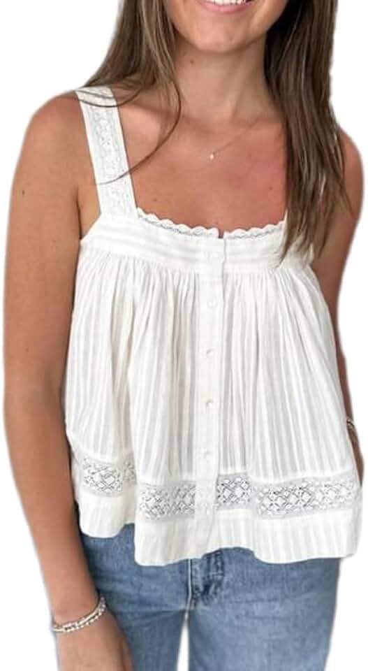 Women Lace Eyelet Tank Top Square Neck Ruffle Peplum Cami Top Lace Trim Embroidery Sleeveless Tank Vest