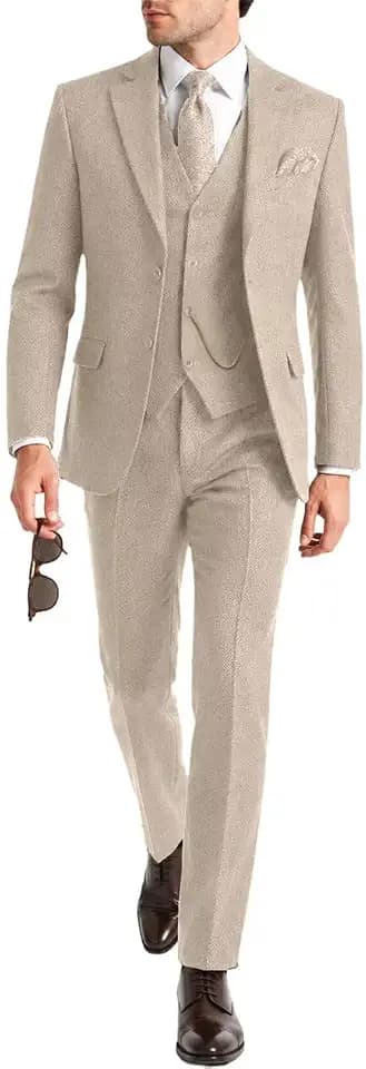 Retro Tweed Mens Suit Herringbone 3 Piece Suits Jacket Blazers Vest Pants
