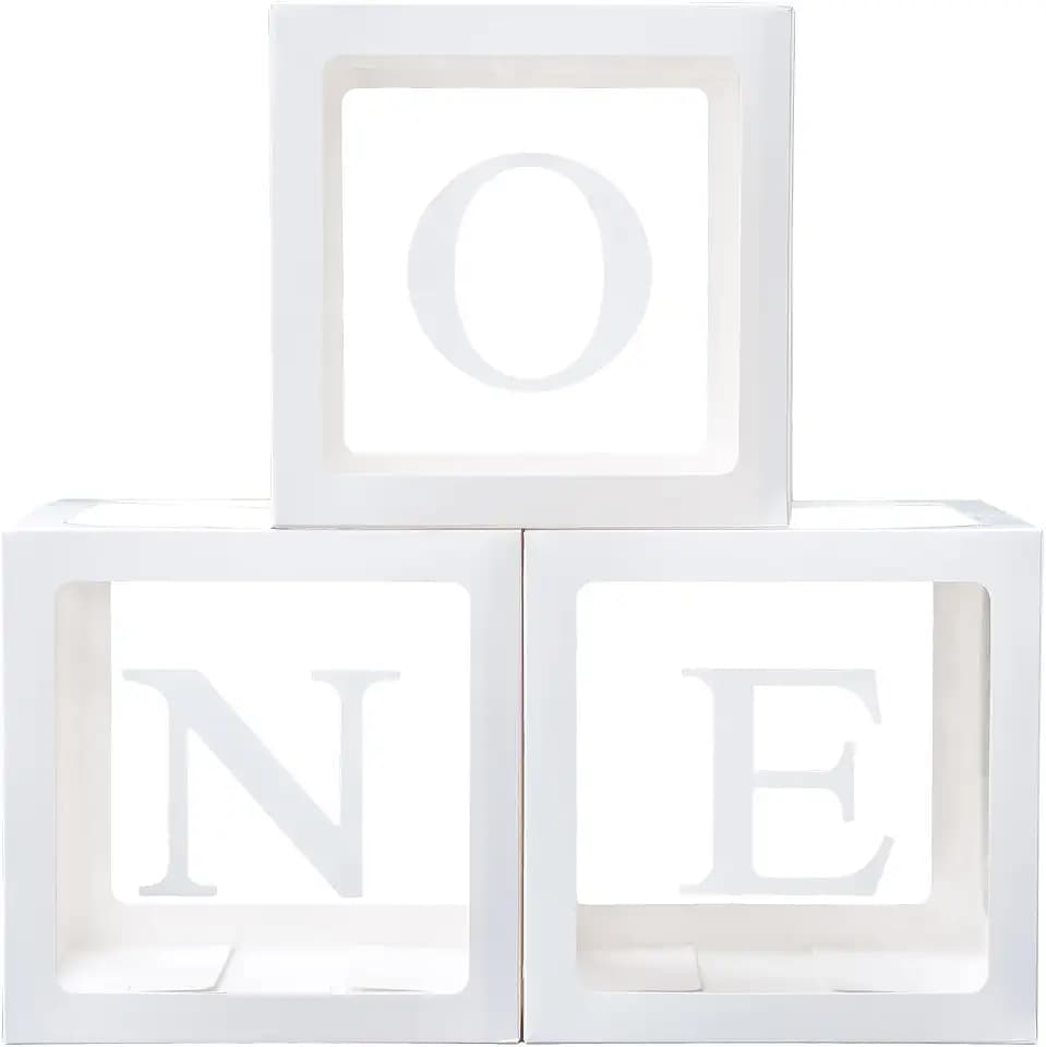 First Birthday Decoration for Baby Boy or Girl, Balloon 'ONE' Boxes for 1st Birthday, Clear Cube Blocks Party Decor With One Letters, 3 Pcs Balloon Boxes for Cake Smash Backdrop, Photoshoot Props