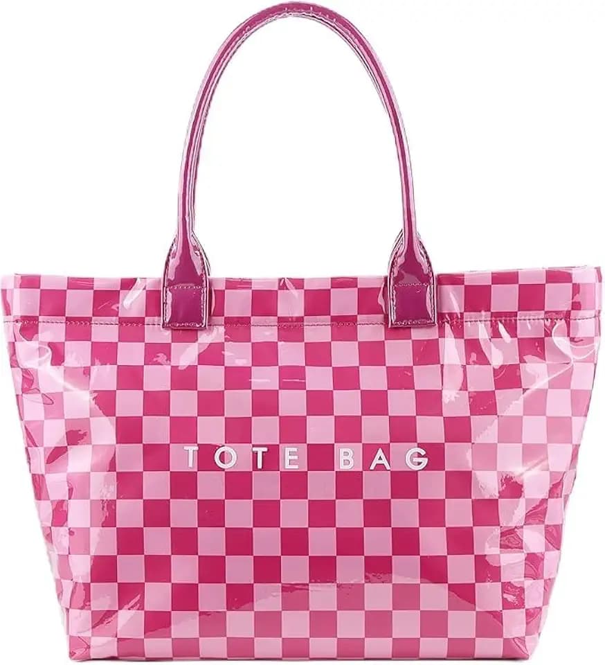 Lushandy PVC Tote Bag with Zipper Checkered Tote Bag Large Plastic Letters Print Hobo Handbag Checkered Purse for Work Travel