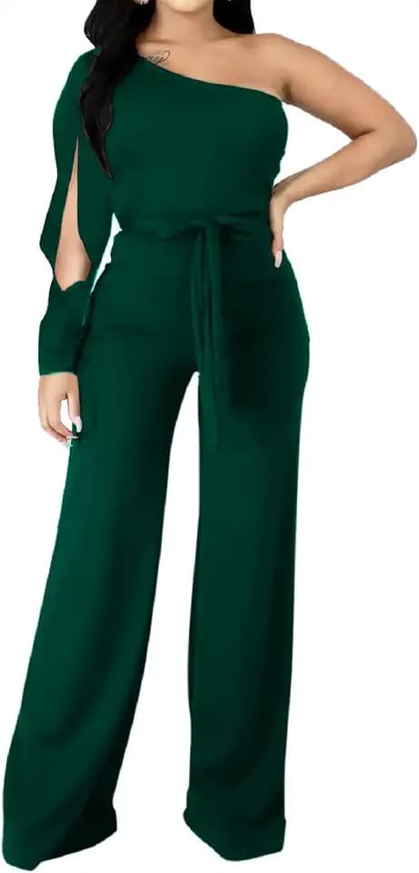CuteCherry Women’s Formal One Shoulder High Waisted Straight Leg Jumpsuit