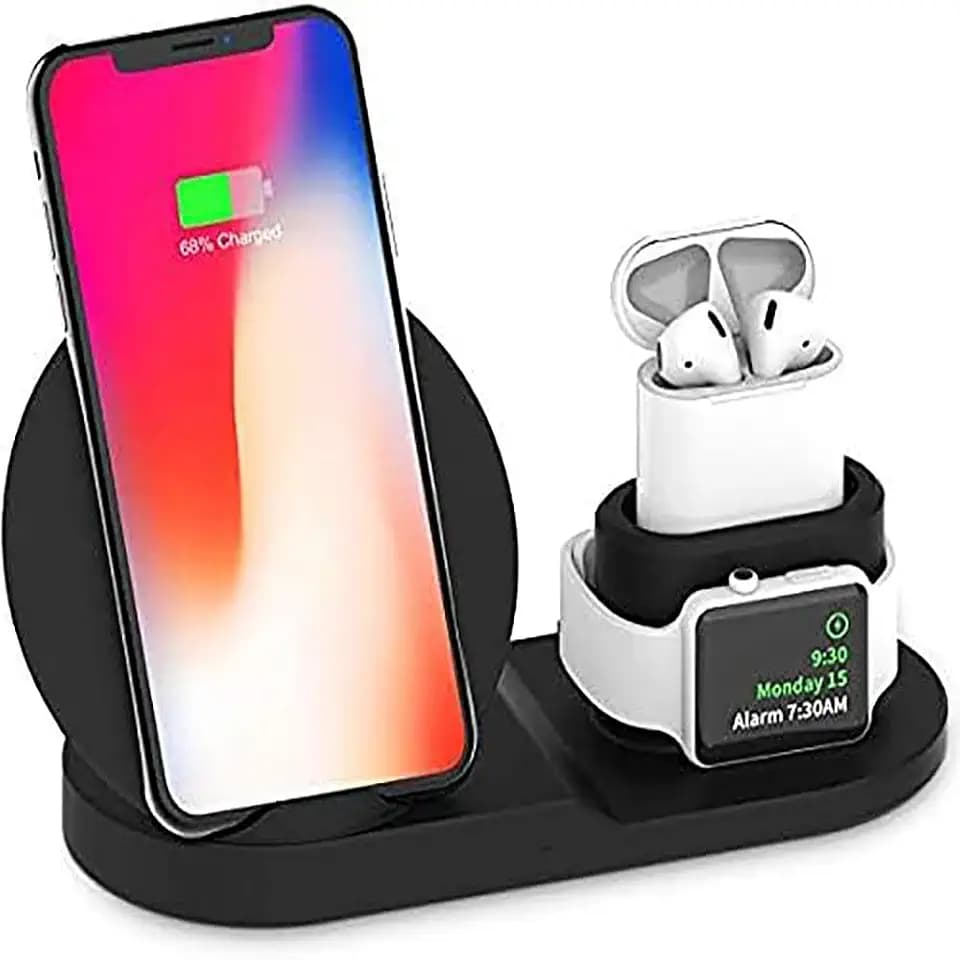 3 in 1 Wireless Charging Station for Samsung Galaxy & Apple iPhone - 7.5W Fast Charging Stand - Wireless Charger for Smartwatches, Smart Phones, Airpods - White