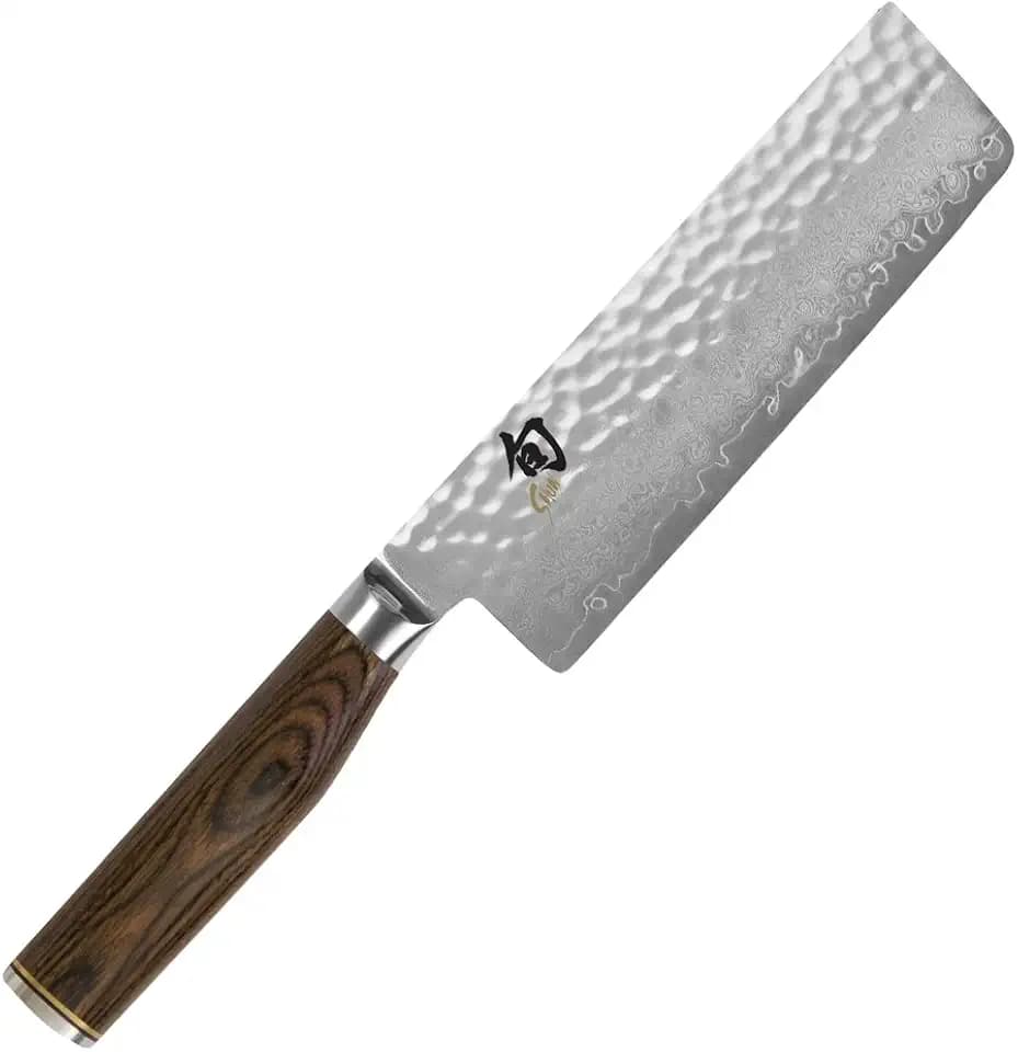 KAI Shun Premier Tim Mälzer Nakiri 14 cm Klingenlänge - VG-MAX Kern 61 (±1) HRC, 32 Lagen Damast hochglanzpoliert - Pakkaholz mittelbraun gemasert - Hammerschlagoberfläche - Made in Japan