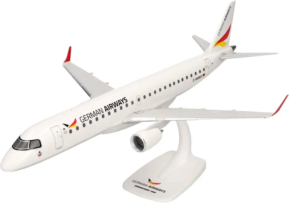 Herpa Snap-Fit Modellflugzeug German Airways Embraer E190, Miniatur im Maßstab 1:100, Sammlerstück, Modell mit Standfuß, Kunststoff, Weiß
