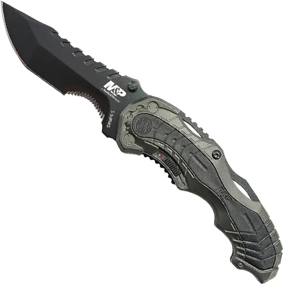 Smith & Wesson SWMP6 7.7in High Carbon S.S. Assisted Folding Knife with 3.4in Clip Point Blade and Aluminum Handle for Outdoor, Tactical, Survival and EDC,Gray