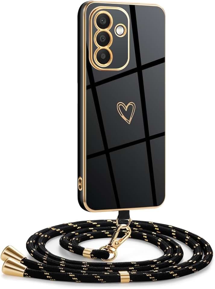 Frauen Mädchen Handykette Kompatibel mit Samsung Galaxy A56 5G - Silikon Hülle mit Band - Handyhülle für Samsung Galaxy A56 5G Herz Love Design Galvanik - Hülle mit Kordel in schwarzes Gold