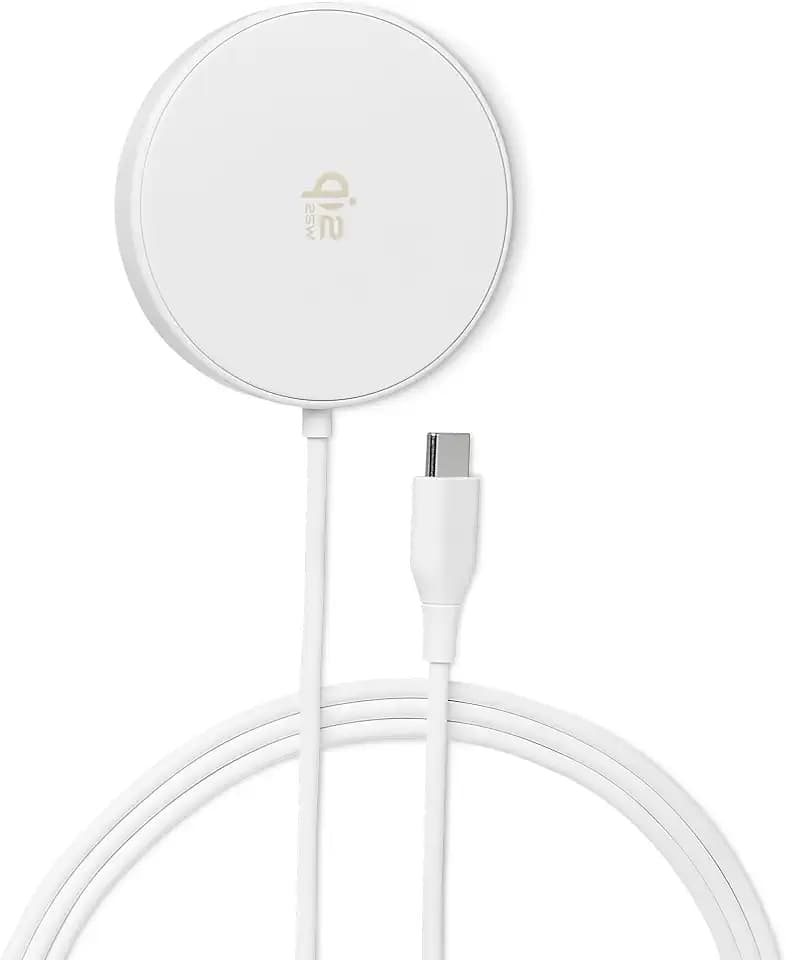 Amazon Basics 25W max. Qi2.2 Certified Wireless Charging Pad with kickstand,MagSafe Compatible for iPhone 17/Air/16/15/14/13/12, Magnetic Compatible for Android Smartphones,White(Adapter Not Included)