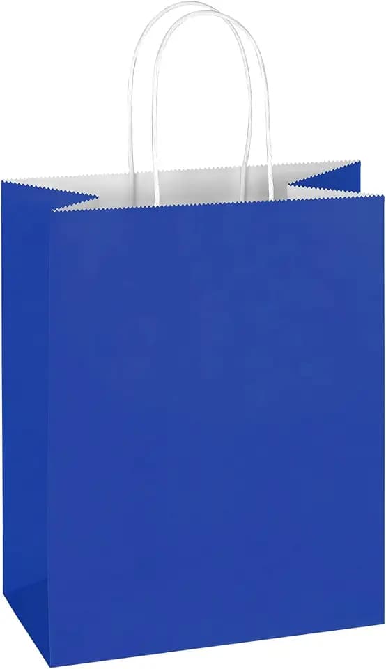 Mlyta 100 Pack 8x4.75x10 Inch Medium Royal Blue Kraft Paper Gift Bags with Handles Bulk for Goodie, Party Favor Brithday Grocery Shopping Business Wedding Retail Craft Treat To Go, Merchandise Sacks