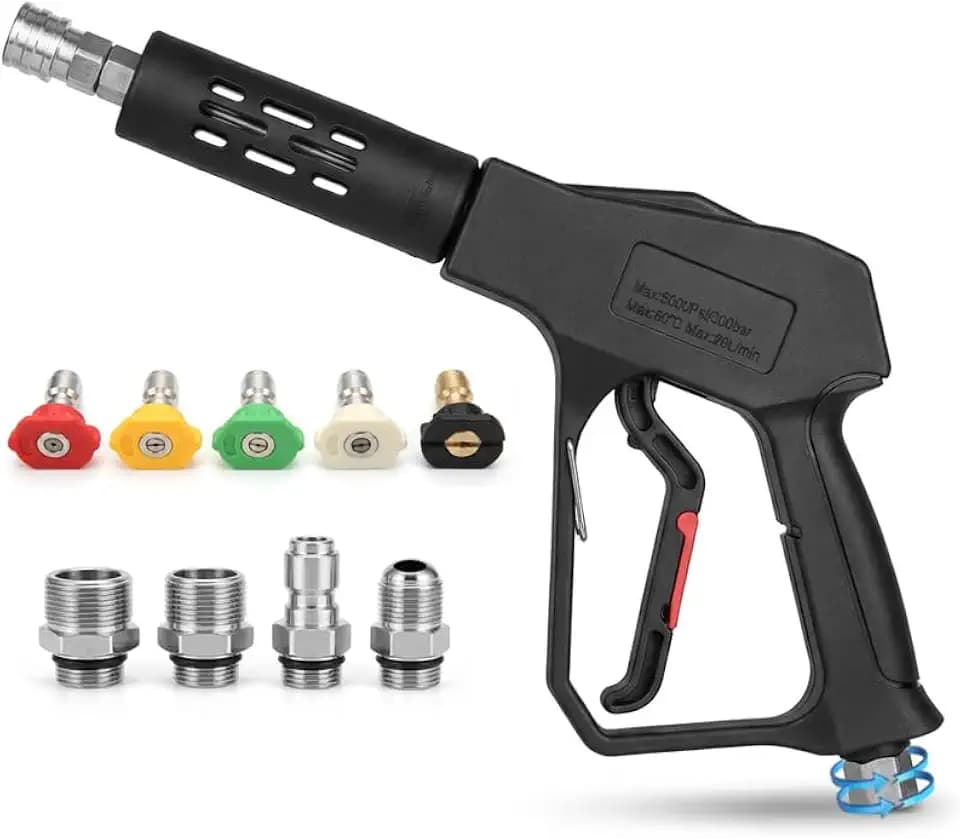 Swivel Pressure Washer Gun,Sturdy 5000PSI Short Power Washer Wand Carwash Spray Foam Gun Handle with 3/8 Plug & M22-14mm & M22-15mm and 1/4 Adapter 5 nozzles