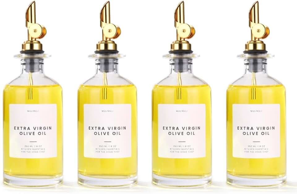 Molimoli Ölspender Flasche für Küche, Automatischer Ausgießer, Dünne Glasflasche für Küche, Olivenölkrug, | 4er-Set