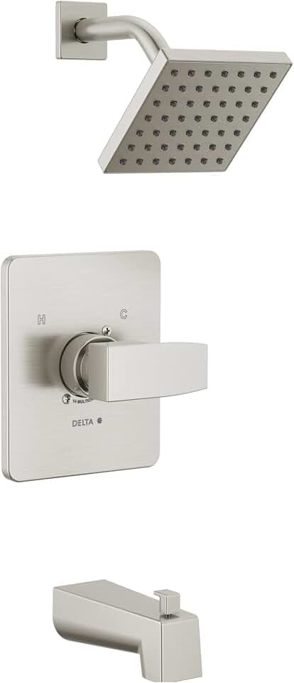 Delta Faucet Modern Brushed Nickel Tub and Shower Trim Kit, Shower Faucet with Single-Spray Touch-Clean Shower Head, Stainless T14467-SS-PP (Valve Not Included)