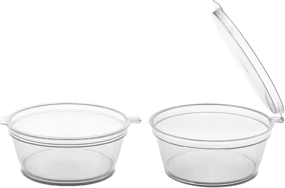 Party Essentials Leak Proof Plastic Condiment Souffle Containers with Attached Airtight Portion Cup with Hinged Lid for Sauces, Samples, Slime, Jello Shot, Storage, Craft, 100 Sets, 2 oz, Clear