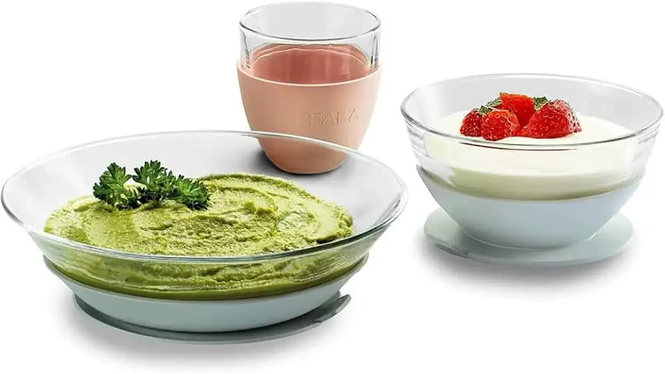BÉABA & Duralex - Kinder-Glas-Geschirrset bestehend aus Teller, Schale, Glas mit Silikon-Saugnapf - Ergonomisch - Vielseitig - Gesund - Haltbar - Made in France - Eucalyptus