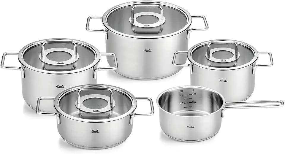 Fissler, Pure Collection Kochtopfset 5-teilig, Edelstahl, 3 Kochtöpfe, Bratentopf & Stielkasserolle, Glasdeckel, Induktion