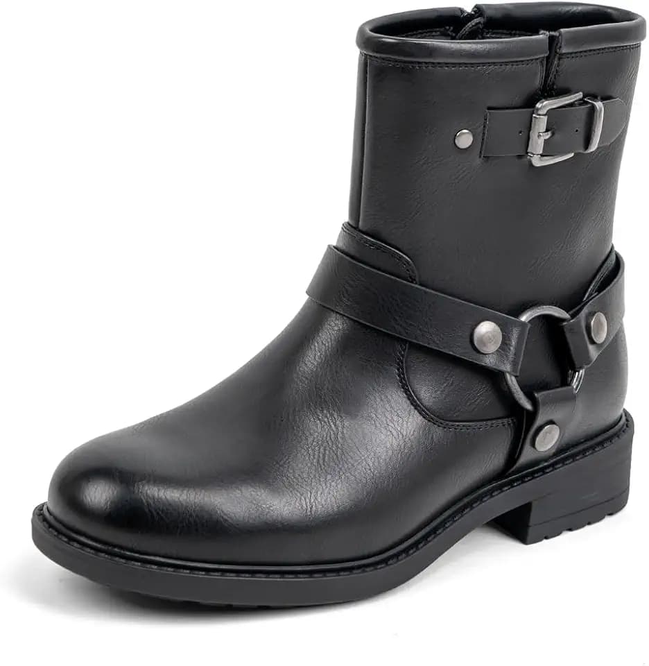 VJH confort Women's Ankle Boots Comfortable Low Chunky Heel Round Toe Buckle Fashion Booties with Zipper
