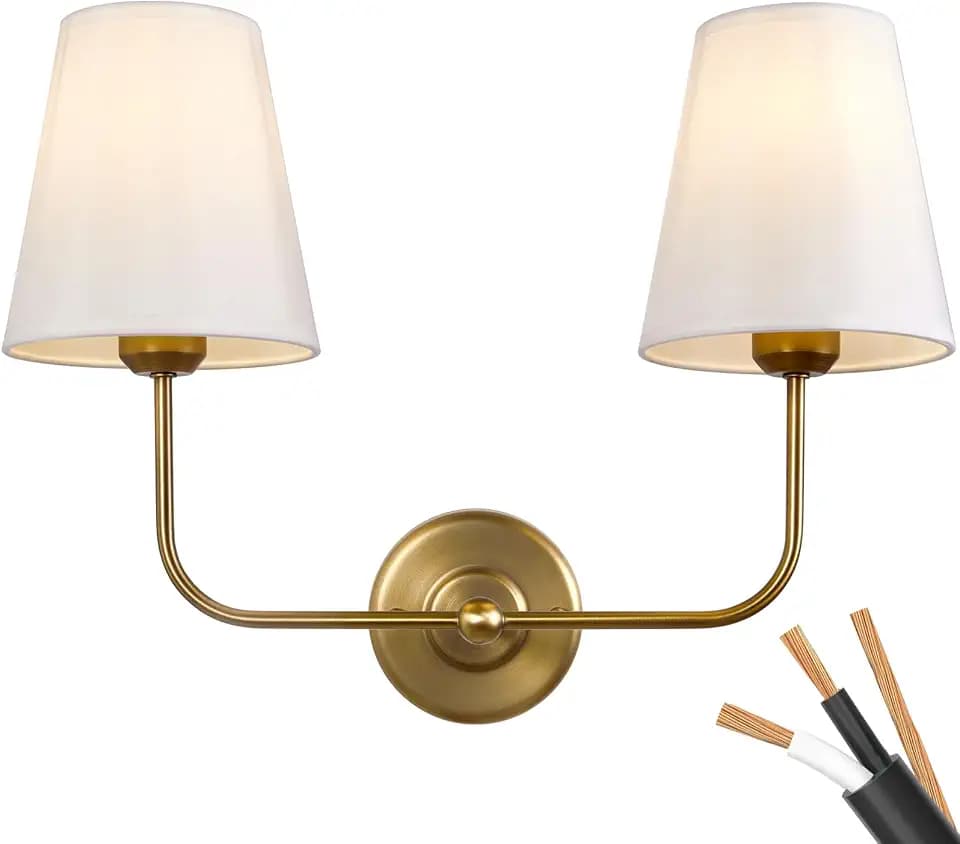 PASSICA DECOR Hardwired 2 Light Modern Armed Wall Sconce with 2pcs Antique Brass Flared White Fabric Shade Double Gold Sconce for Bathroom Vanity Living Room Hallway Stairway Fireplace Farmhouse