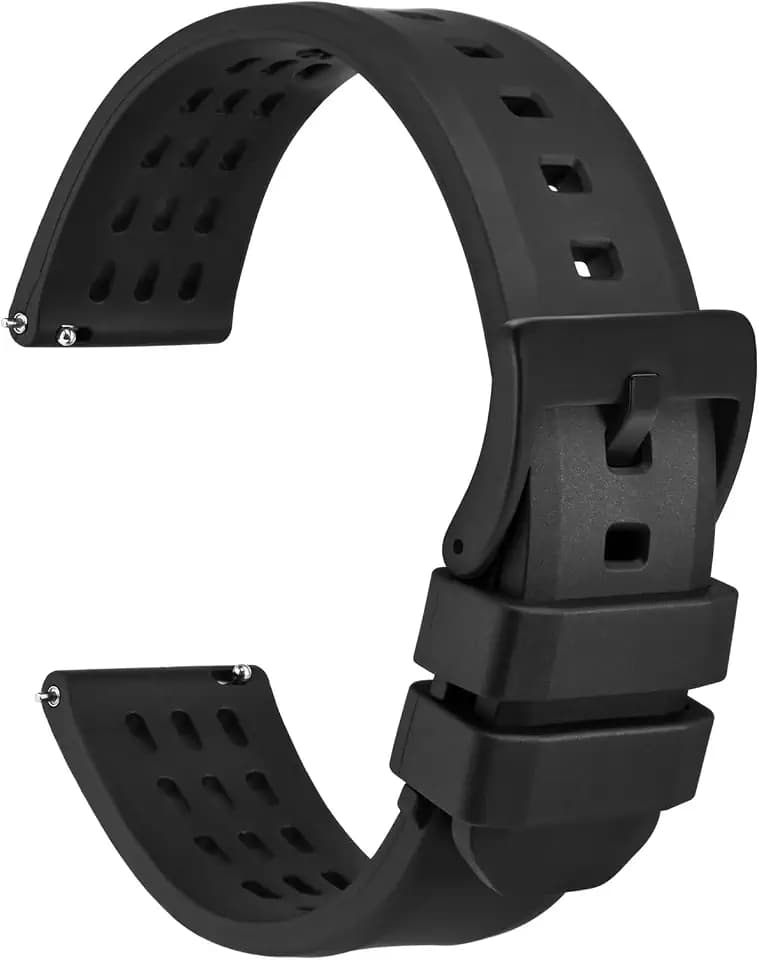 WOCCI 22mm Rally Watch Band, FKM Rubber Strap, Quick Release, Black Matte Buckle (Black)