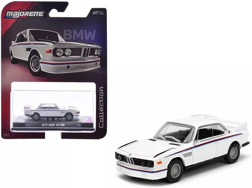 Majorette Collection – 1975 BMW 3.0 CSL 1:64 Die-Cast Model Car with Rubber Tires & Display Case, for Collectors & Adults