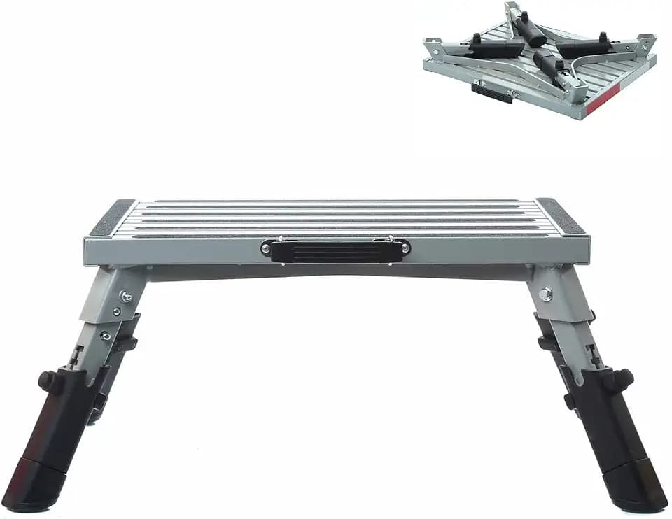 Homeon Wheels RV Step Stool, Adjustable Height Aluminum Folding Platform with Non-Slip Rubber Feet, Reflective Stripe, Handle, RV T Level, for Trailer, Truck, Outdoor
