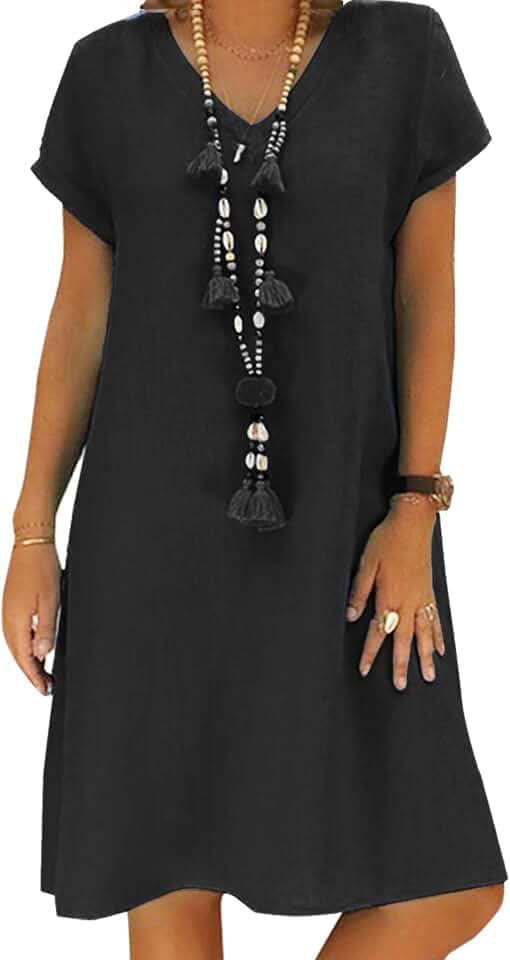 Tincini Sommerkleid Damen Leinen Kleider Casual V-Ausschnitt Midikleid Kurzarm A-Linie Kleid Strandkleid Ohne Zubehör