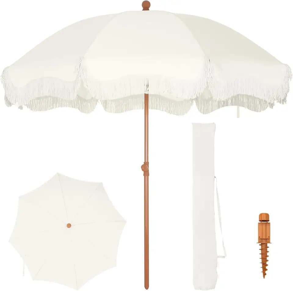 7ft Fringe Beach Umbrella with Sand Anchor Outdoor Patio, UPF 50+, White
