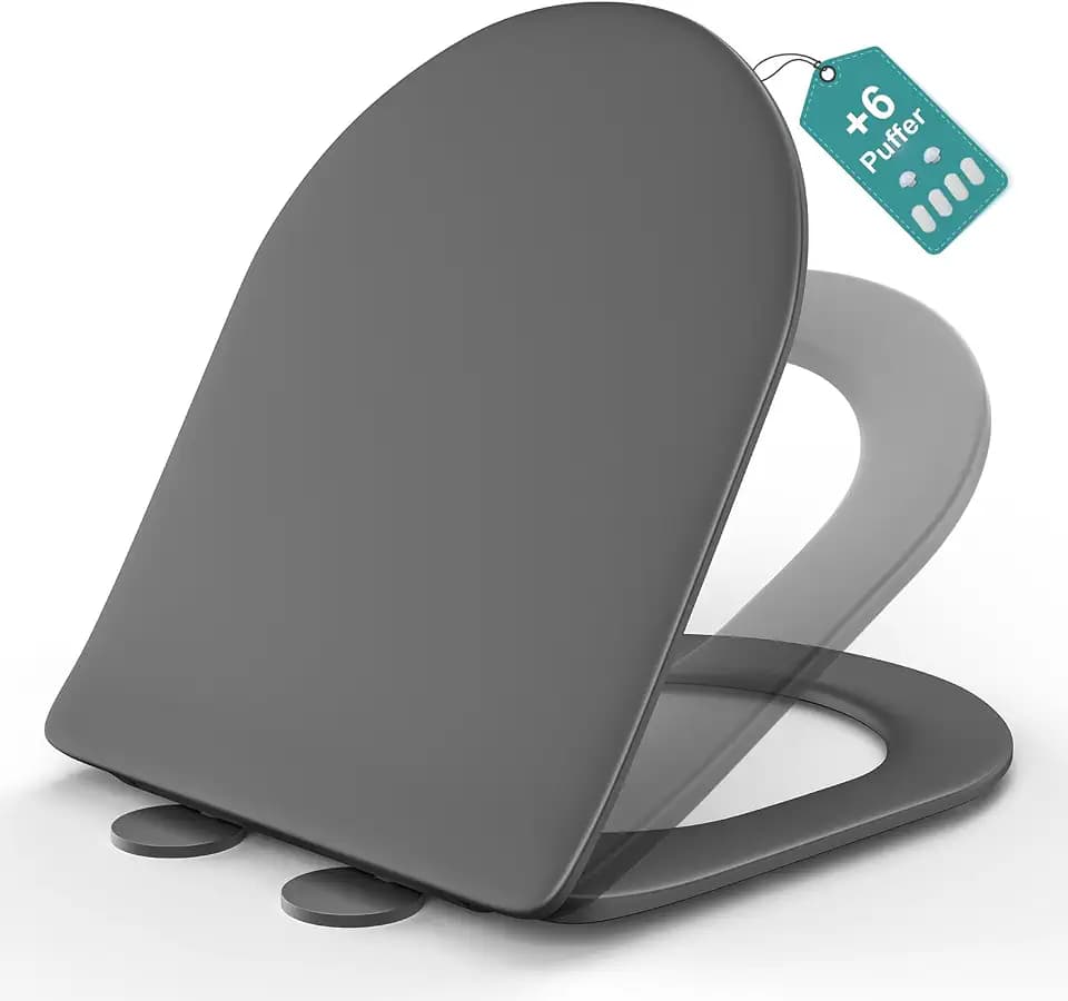 WC Sitz D Form, Toilettendeckel mit Absenkautomatik, Klodeckel Grau, Soft Close Toilettenbrille, WC Deckel Universal Kompatibel, Klobrille aus Duroplast, Familien Toilettensitz, Klositz