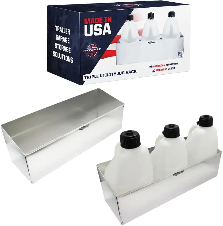 Pit Posse 436 Triple Utility Fuel Jug Rack Holder Shelf 34.5" Fits 3 Five Gallon Jugs - Made in USA - Enclosed Race Trailer Garage Shop Storage Workspace Aluminum Organizer (Silver)