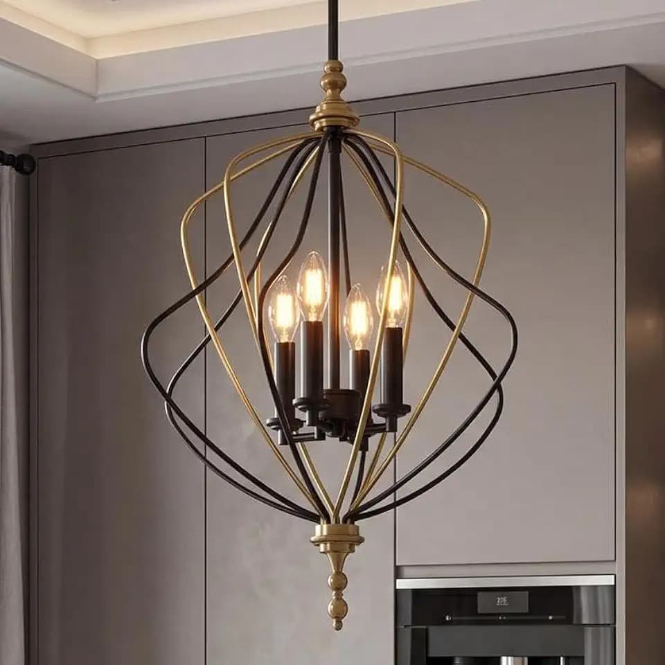 Tribesigns 4-Light Black and Gold Chandelier, Modern Farmhouse Foyer Light Fixture, Industrial Metal Cage Pendant Lighting, Island Light for Kitchen, Living Room, Dining Room (Bulb Not Included)