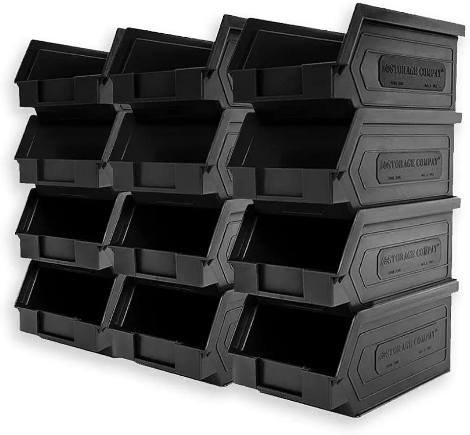 Plastic Storage Bins, Hanging, Stackable, Storage Organizer Bin for Warehouses, Workshops 7-Inch x 4-Inch x 3-Inch, Black, 12-Pack
