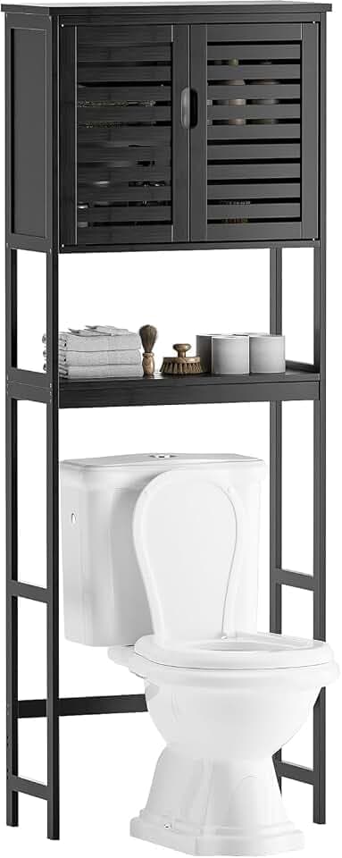 SMIBUY Bad Lagerung Regal mit Schrank, Bambus über die Toilette Veranstalter Rack, freistehende Toilette Platzsparer mit 3-Tier verstellbare Regale (schwarz)