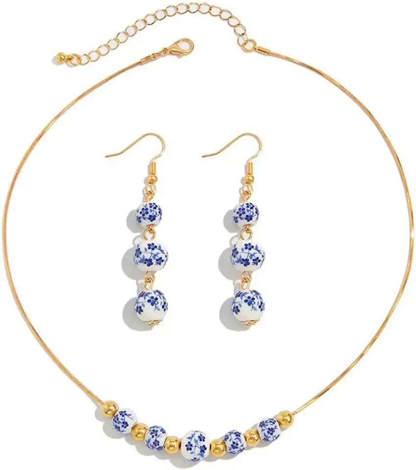 Ceramic Bead Necklace Earrings Set for Women Blue White Porcelain Ball Necklace Blue Floral Pattern Jewelry Set Minimalism Chinese Earrings Sets Jewelry Gift