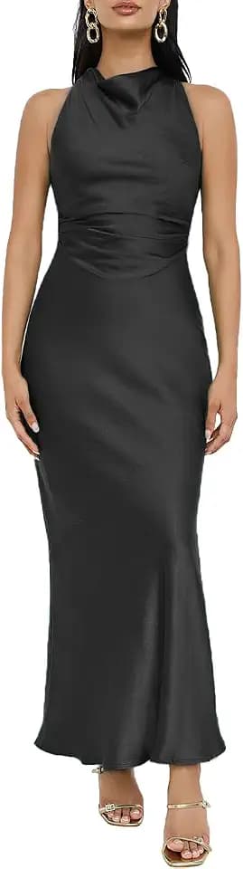 2026 Satin High Neck Backless Maxi Dresses for Women Formal Wedding Guest