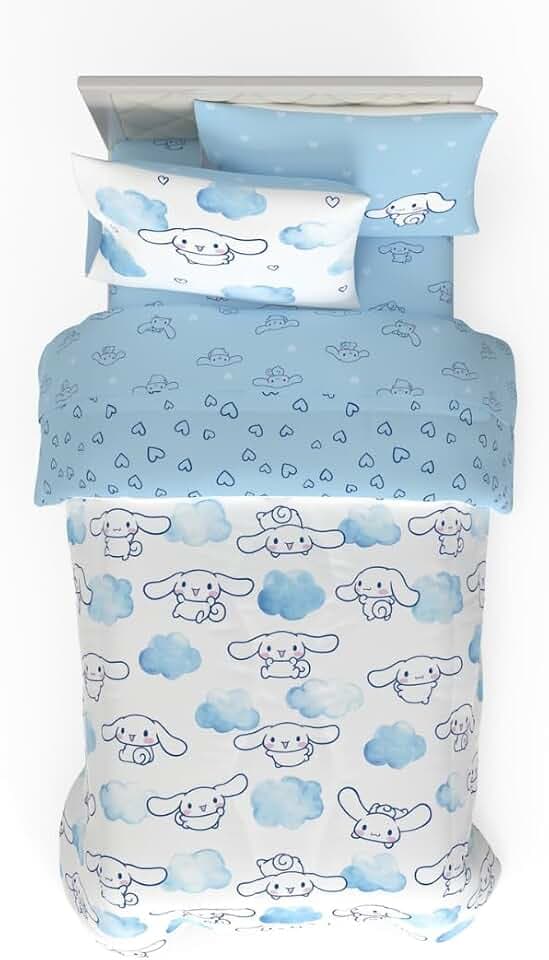Cinnamoroll Bedding 5 Piece Super Soft Cozy Reversible Comforter and Sheet Set with Sham, Twin, (100% Official Licensed Product) By Franco