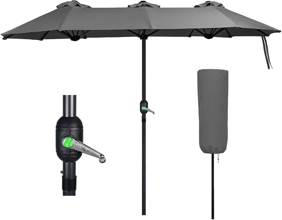 VOUNOT Doppelsonnenschirm mit Handkurbel, Sonnenschirm Marktschirm Gartenschirm Terrassenschirm, Sonnenschutz, 150 x 300 cm, Grau