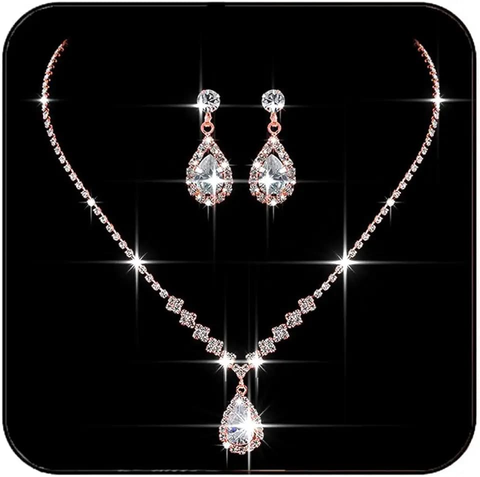 JAKAWIN Silver Jewelry Set Rhinestone Prom Wedding Necklace Earrings