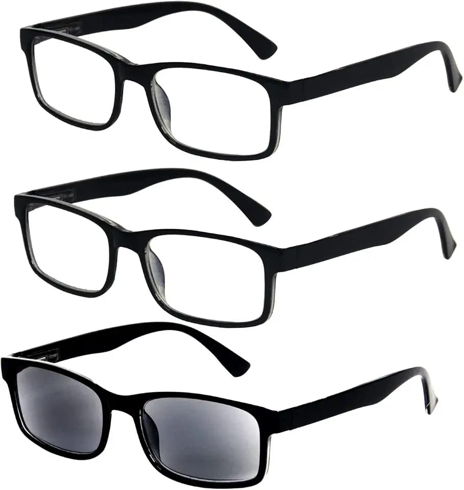 One Power Glasses Reading Sunglasses Quality Spring Hinge Readers, Auto Focus Adjust Eyeglasses For Men and Women, Black Square Frame 3 Pairs