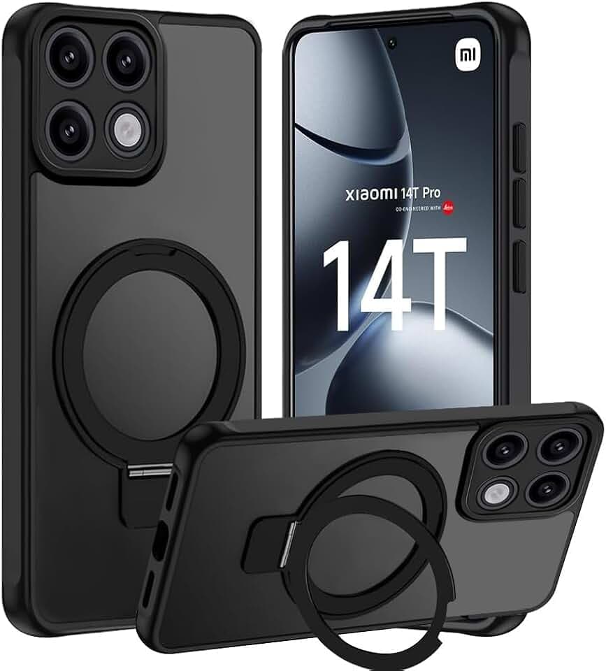 Tawarror 3-in-1 MagStänder Handyhülle für Xiaomi 14T Pro Hülle für MagSafe, Matt Transluzente Magnetisch Schutzhülle für Xiaomi 14T Pro mit Ständer Hart PC Kratzfest + TPU Stoßfest Case, Schwarz