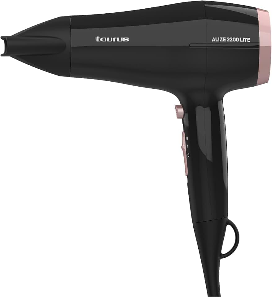 Taurus – Haartrockner Alize 2200 Lite, 2200W, 2 Temperatur- und Geschwindigkeitsstufen, Kaltlufttaste, kompakt, ultraleicht, tragbar, inkl. Stylingdüse, Schwarz