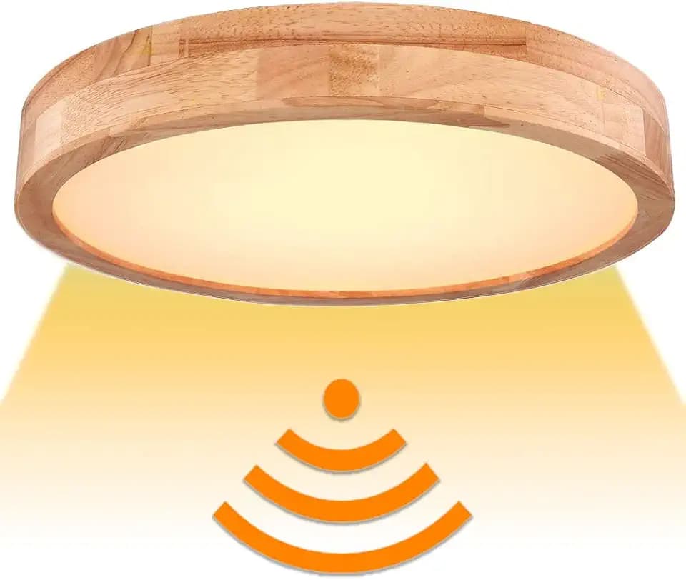 KZT Deckenleuchte Holz mit Radar Bewegungsmelder LED Innen Runde Deckenlampe Sensor Holzlampe Warmweiß 3000K Flur Treppenhaus Eingang Balkon Deckenbeleuchtung (Warmweiß -3000K)