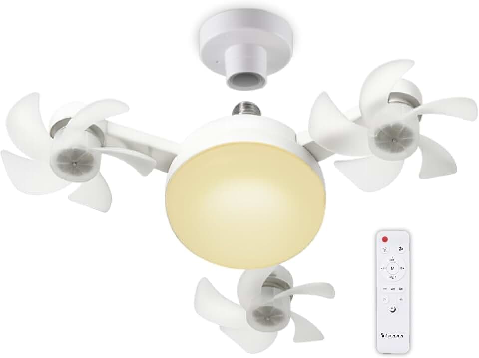 BEPER P206VEN612 Deckenventilator mit LED-Licht und Fernbedienung, 3 Lüfter mit je 5 Flügeln, 3 Geschwindigkeitsstufen, 4-Stunden-Timer, dimmbares Warm-/Kaltlicht, leise, E27-Fassung
