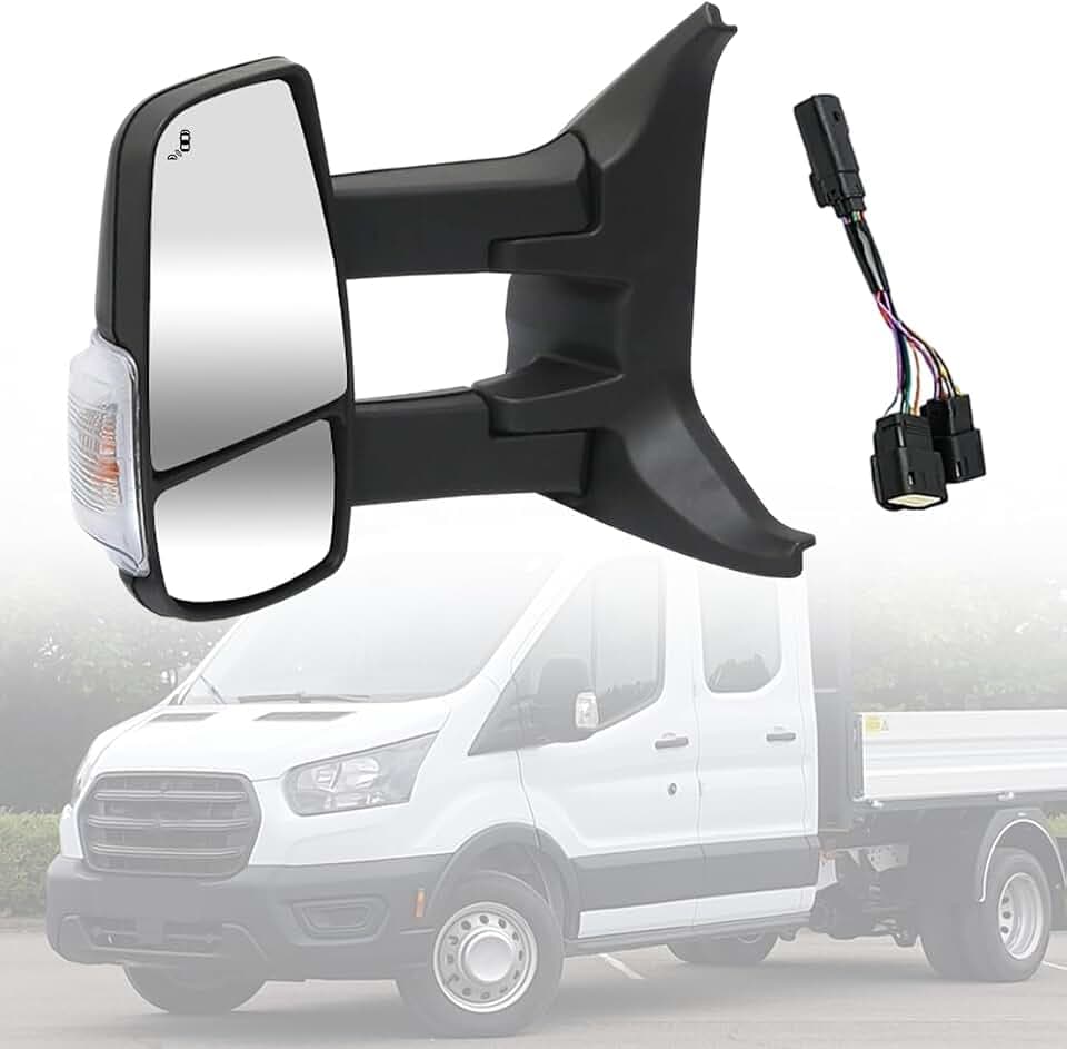 Power Heated Door Mirror & Driver Side View Mirror FIT Ford Transit 150 250 350 350 HD 2014-2024, Long Arm Towing Mirror, Integrated BLIS & Turn Signal, Replace OE# LK4Z-17682-GB, 1 Pack Left Side