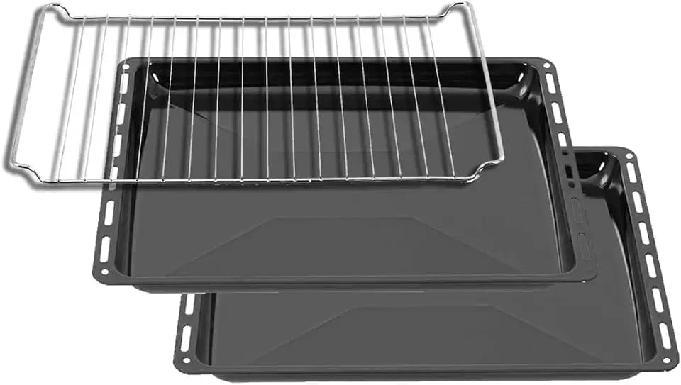 ICQN Backblech & Gitter Set 445 × 375 × 25 mm, Kompatibel mit Bauknecht, Indesit, Whirlpool-Gruppe & Algor, Emaillierte Backbleche & Verchromtes Gitter für Backofen & Herd